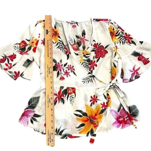 Old Navy Floral Wrap Blouse With Tie Waist & Flared Sleeves Medium - Picture 6 of 7